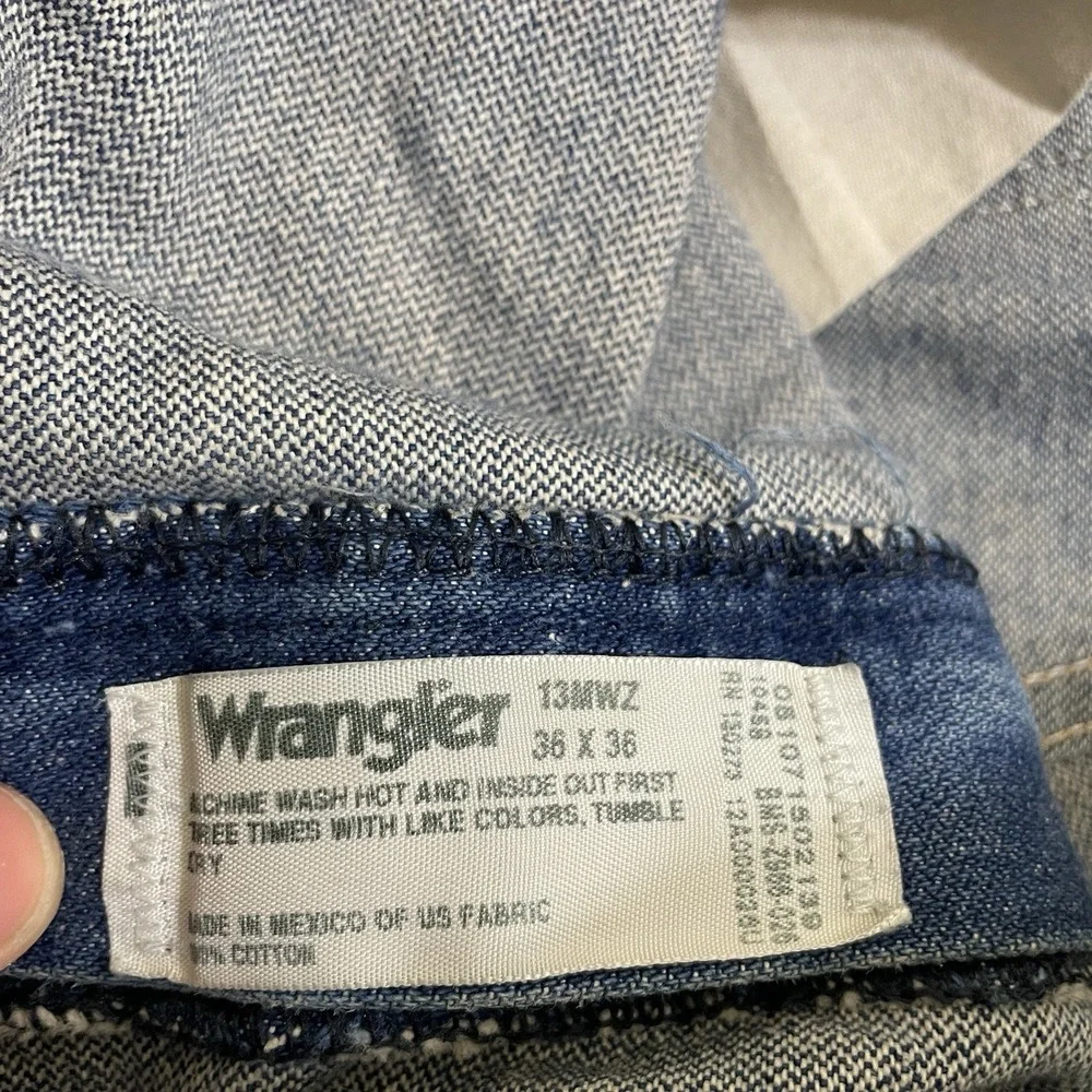 Vtg Wrangler 13MWZ Jeans Mens 36x36 (fit 34x34) Whisker Fade Distressed Mud Wash